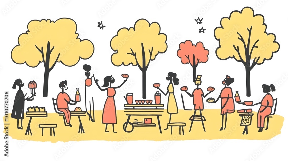Naklejka premium Colorful autumn picnic scene with diverse women enjoying food outdoors.