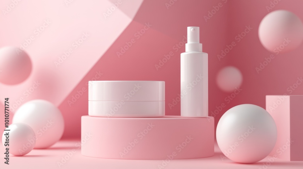 White Cosmetic Products on Pink Background White Cosmetic Products on Pink Background