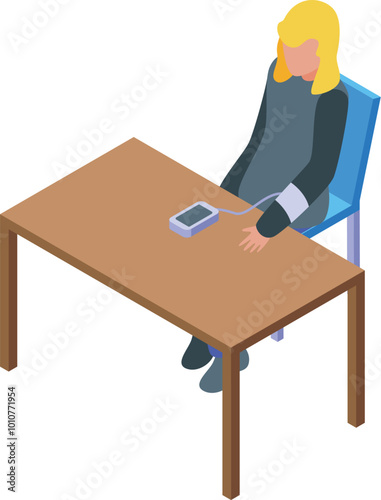 Woman checking blood pressure at home using digital tonometer isometric icon vector illustration