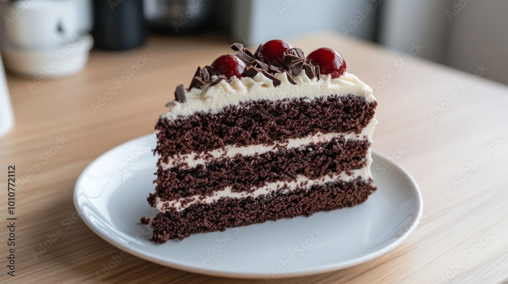A close-up view of a rich, chocolatey Black Forest cake on a plain white plate. A close-up view of a rich, chocolatey Black Forest cake on a plain white plate.