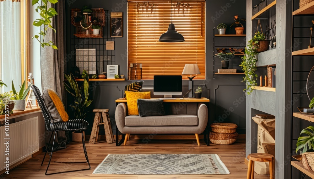 Modern stylish home office interior with comfortable sofa and ergonomic workspace. Bright and organized design featuring a cozy seating area and practical desk setup, perfect for productivity Modern stylish home office interior with comfortable sofa and ergonomic workspace. Bright and organized design featuring a cozy seating area and practical desk setup, perfect for productivity