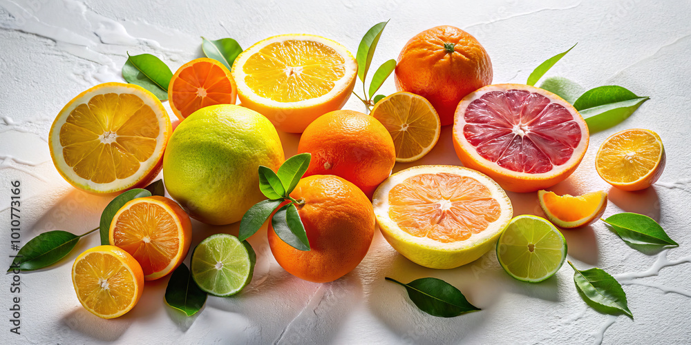 Vibrant citrus arrangement featuring oranges, lemons, limes, and grapefruits on pristine white surface, enhanced by gentle shadows and fresh green leaves