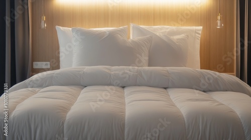 A comfortable bed with a soft duvet and pillows.