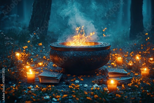 Halloween witch's cauldron with potion and burning candles in the forest