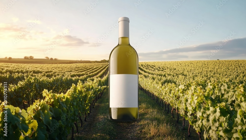Fototapeta premium White Wine Bottle Mock-Up in Vineyard Landscape: Celebrating the Harmony of Wine and Its Terroir.