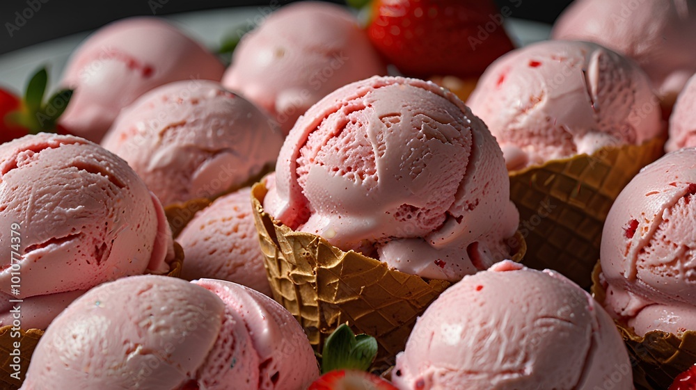 Strawberry ice cream scoops, fresh and tasty. Strawberry ice cream scoops, fresh and tasty.