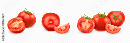 Realistic tomatoes. Set of hole, slice, piece of tomato isolated on transparent background. Fresh juicy vegetable collection.