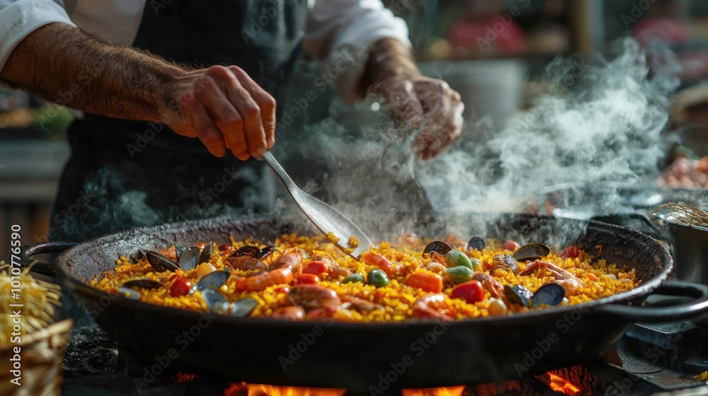 Chef stirring paella over an open flame with steaming saffron rice, seafood, and vegetables. Chef stirring paella over an open flame with steaming saffron rice, seafood, and vegetables.