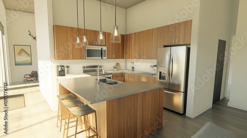 Modern kitchen with stainless steel appliances and natural wood accents, featuring an open-concept layout. 3D Rendering. 