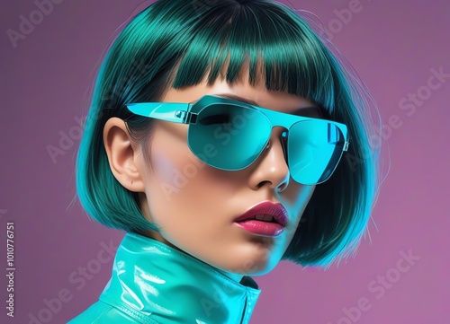 Wallpaper Mural A neon-colored portrait of a stylish woman wearing large reflective sunglasses Torontodigital.ca