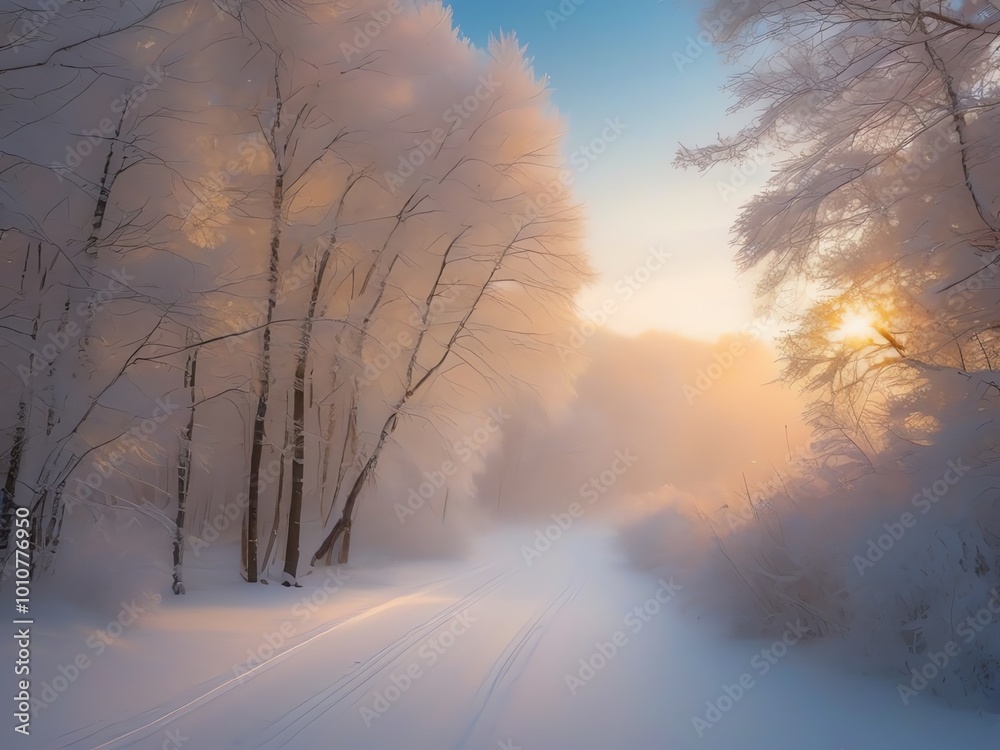 Φωτογραφία A winter landscape illustration of a snow-covered road flanked by trees heavily