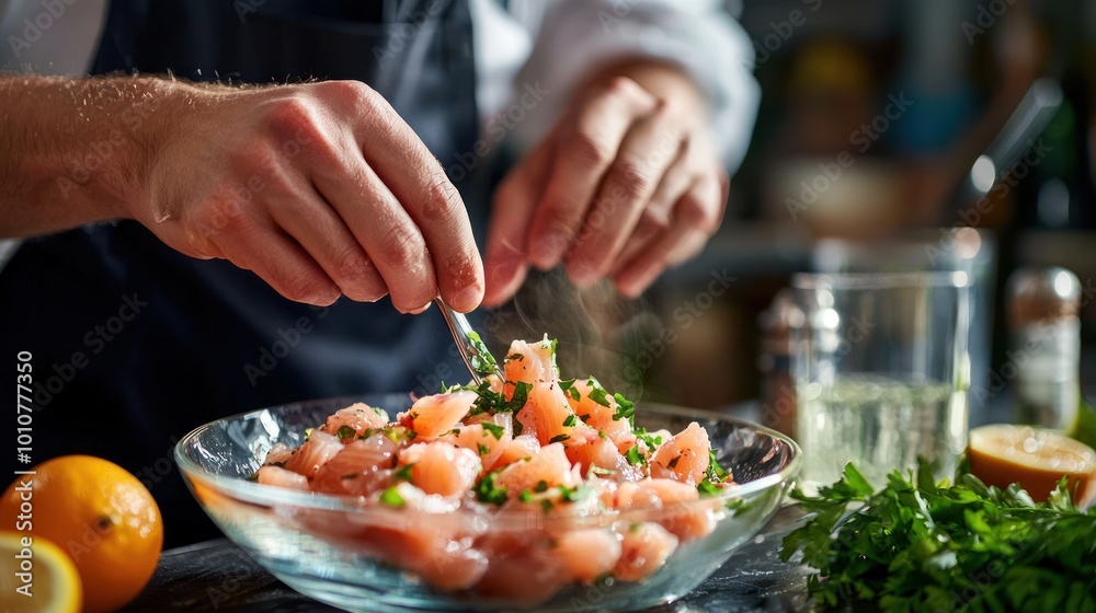 Chef preparing ceviche with fish and citrus marinade. Chef preparing ceviche with fish and citrus marinade.