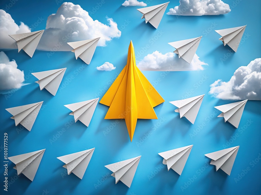 The yellow paper plane soars above white ones, symbolizing leadership and innovation, highlighting a distinctive approach that challenges norms and inspires creativity. The yellow paper plane soars above white ones, symbolizing leadership and innovation, highlighting a distinctive approach that challenges norms and inspires creativity.
