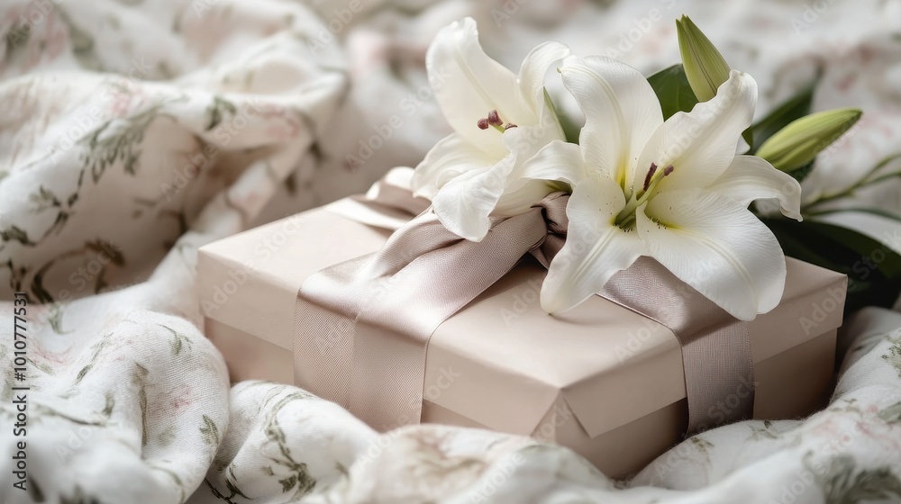 Elegant Gift with White Lily Blooms on Floral Fabric Elegant Gift with White Lily Blooms on Floral Fabric