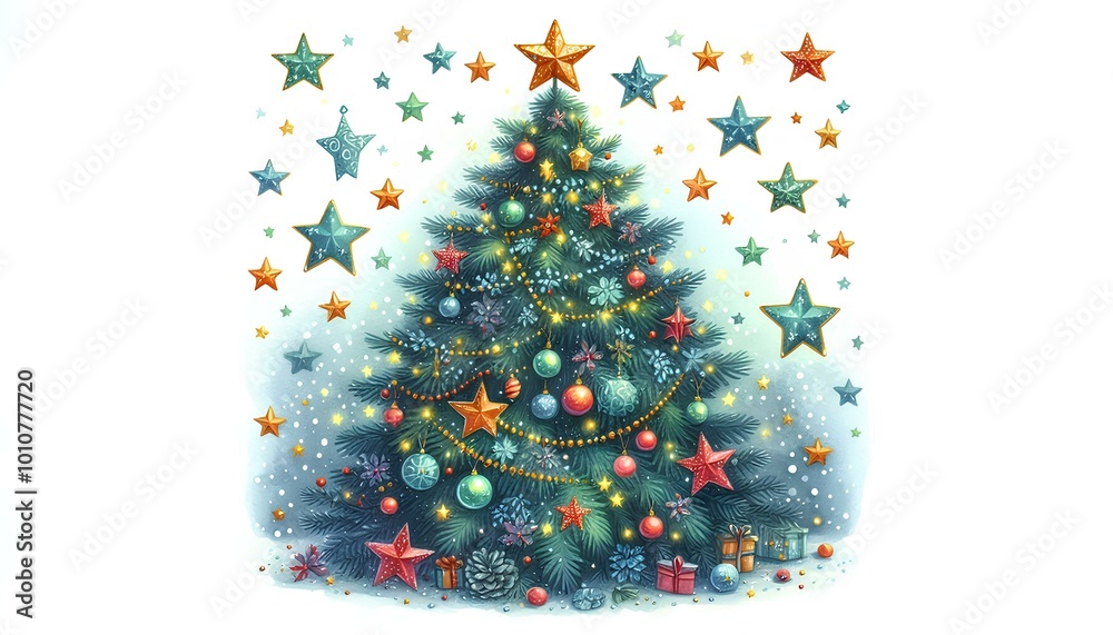 Stars decorated Christmas tree and gifts illustration Stars decorated Christmas tree and gifts illustration