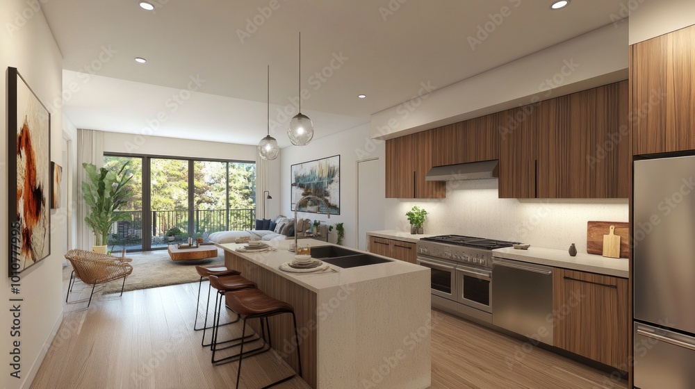 Fototapeta premium Modern kitchen with stainless steel appliances and natural wood accents, featuring an open-concept layout. 3D Rendering. 