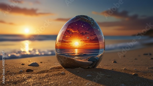 a glass ball on the beach with the sun setting behind it.