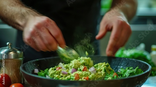 Chef mashing avocados and mixing guacamole with onions and tomatoes.