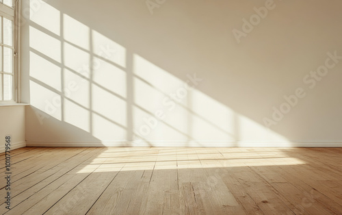 Sunlight casting shadows on a wooden floor in a minimalist room during the afternoon