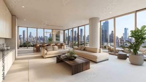 Open-concept living room with a city skyline view, minimalist furniture, and large plants for a refreshing space. 3D Rendering. 