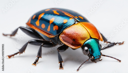 Close-up of a hornet, capturing its shiny body and fine details against a clean white surface.