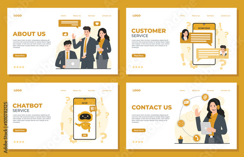 Call center and customer service landing page template concept. Flat design illustration set about us chat bot