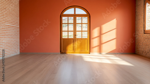 Bright and spacious empty room with wooden doors and large window letting in sunlight