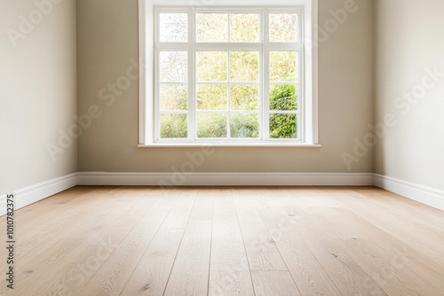 Bright and airy empty room with large window overlooking a garden on a sunny day