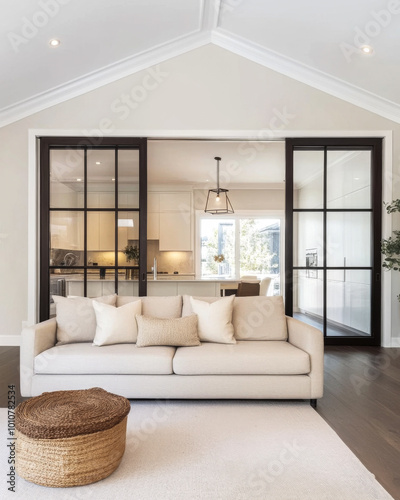 A cozy living room featuring a stylish sofa and modern design elements in a bright  airy space