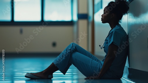A photograph of an African American nurse sitting on the floor in blue scrubs, wearing gloves and a mask, crying with her head down as she sits against a wall at a hospital entrance while other nurses