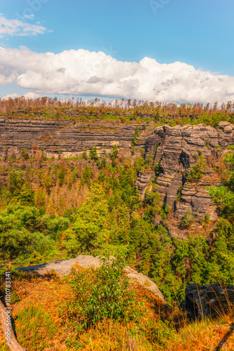 Hiking to pravcicka Brana (Pravcicka Gate) in Bohemian Switzerland National Park. Biggest natural arch in Europe photo