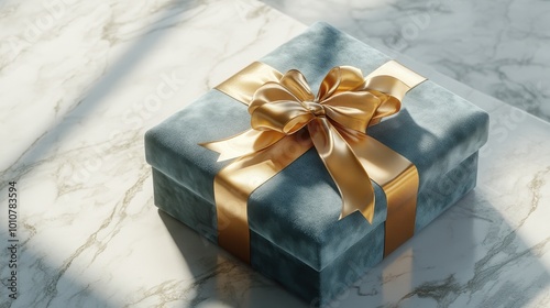 Elegant Gift Box with Golden Ribbon on Marble Background