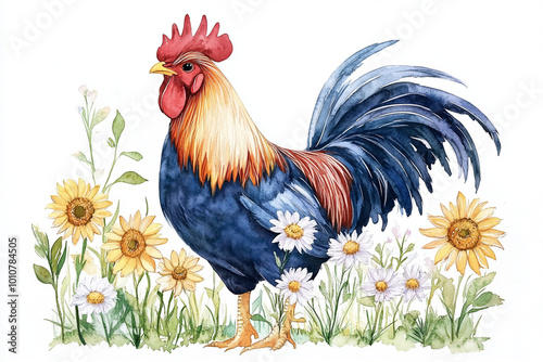 A vibrant rooster stands proudly among sunflowers and daisies, showcasing its colorful plumage in this beautiful watercolor illustration. lively scene captures essence of farm life and natures beauty
