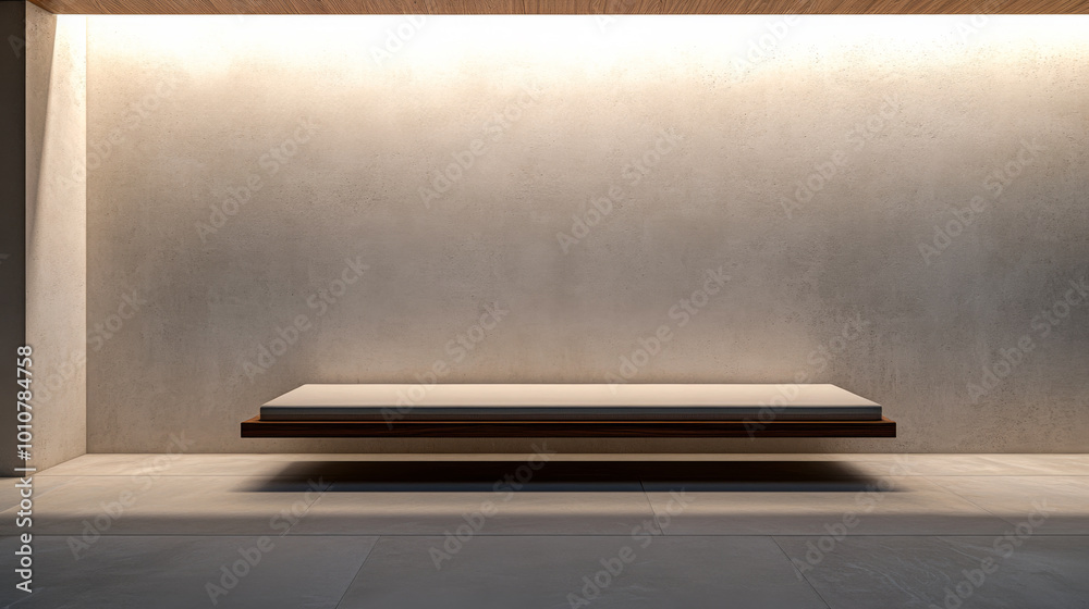 Modern minimalist interior with a sleek floating bed design in a softly lit room Modern minimalist interior with a sleek floating bed design in a softly lit room