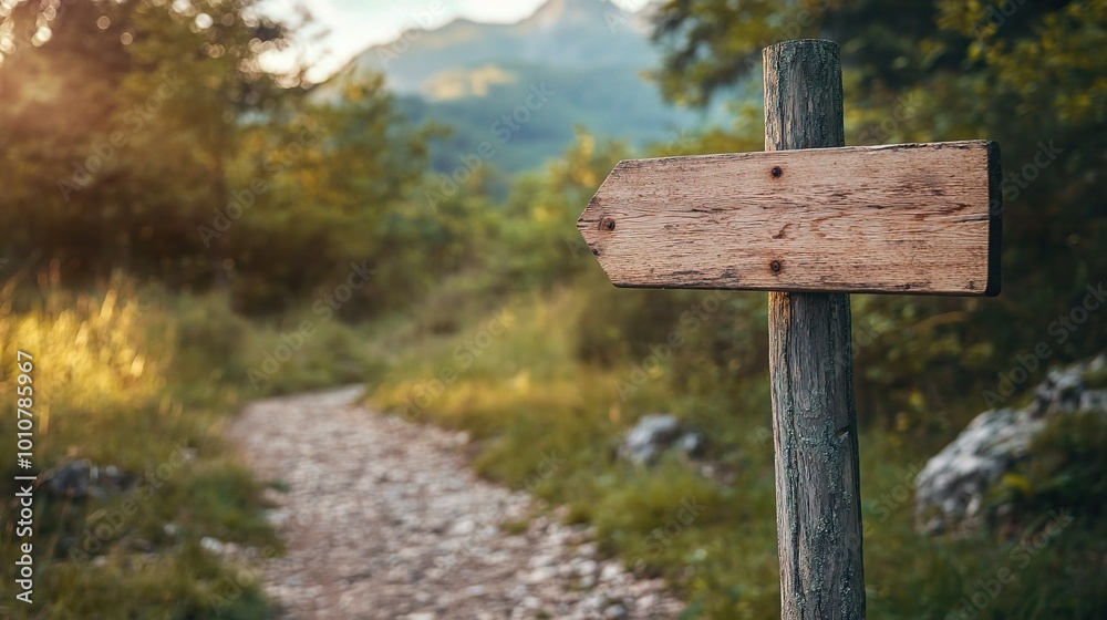 Wooden Sign on Nature Trail with Mountain Background Wooden Sign on Nature Trail with Mountain Background