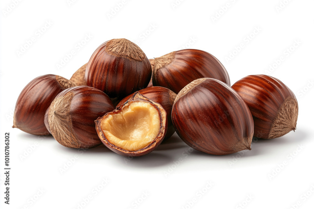 Closeup of chestnuts with one peeled, isolated on a white background Closeup of chestnuts with one peeled, isolated on a white background