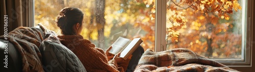 A cozy autumn scene featuring a person reading a book by the window with colorful fall leaves outside. photo