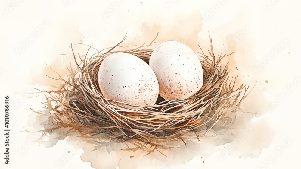 Watercolor illustration of two eggs in a nest Watercolor illustration of two eggs in a nest