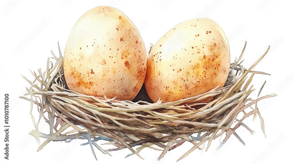 Fototapeta premium Watercolor painting of two eggs in a nest, white background, in the style of clip art.