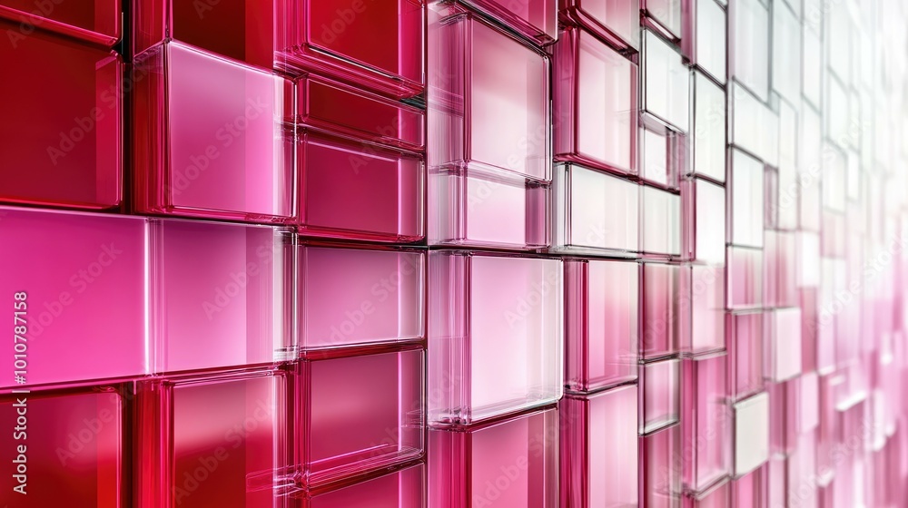 A wall made of pink and white cubes, arranged in an abstract pattern. The cubes are translucent and reflect light. A wall made of pink and white cubes, arranged in an abstract pattern. The cubes are translucent and reflect light.