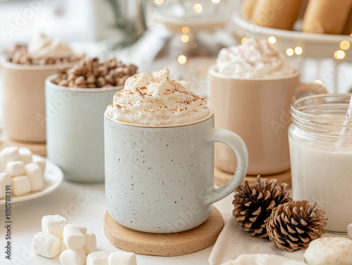 A cozy hot chocolate or tea station with pastel mugs, soft-colored napkins, jars of marshmallows, candy canes, and whipped cream, set against a backdrop of twinkling fairy lights and pine cones.