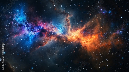 Stunning galaxy in space with stars, colorful gas clouds, and sparkling celestial objects. 