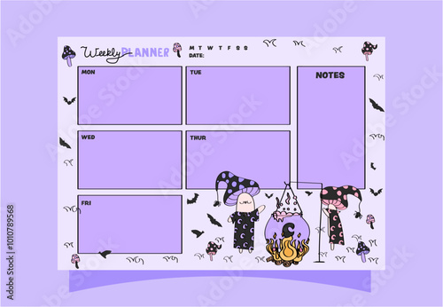 Mushroom witches weekly planner for journalling and monthly planning. Spooky season weekly planner for daily and monthly use.