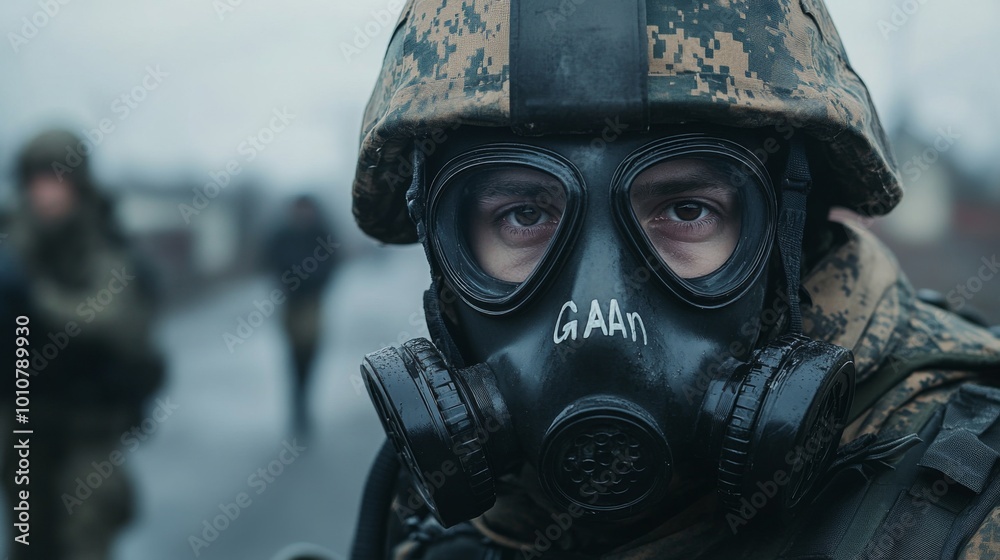 Fototapeta premium Soldier in Gas Mask Close-Up