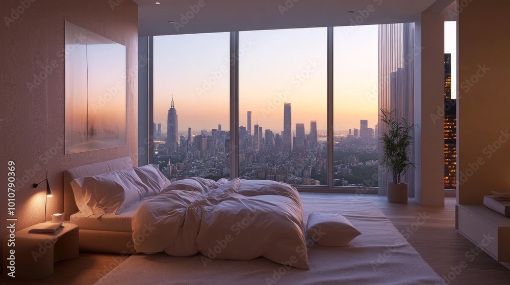 Stylish modern bedroom with minimalist design, featuring a large window with a city view and neutral tones. 3D Rendering. Stylish modern bedroom with minimalist design, featuring a large window with a city view and neutral tones. 3D Rendering.