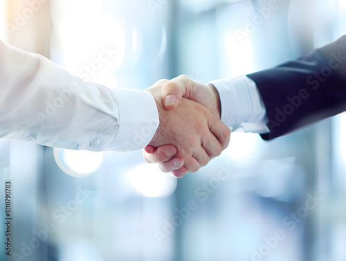 soft focus photo of handshake between two business professionals, symbolizing agreement and collaboration in modern office environment