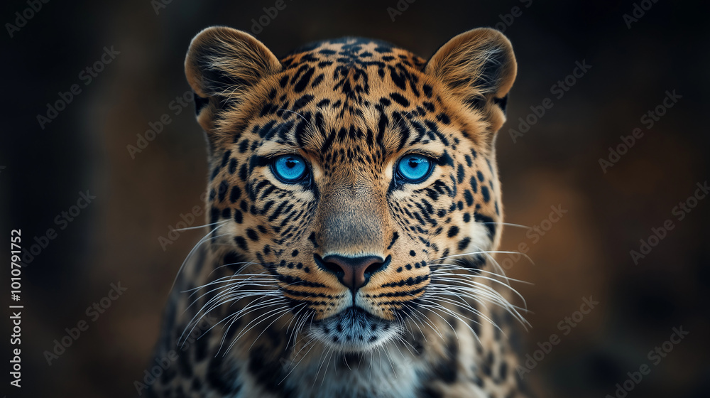 Obraz premium A leopard with striking blue eyes looks directly at the camera