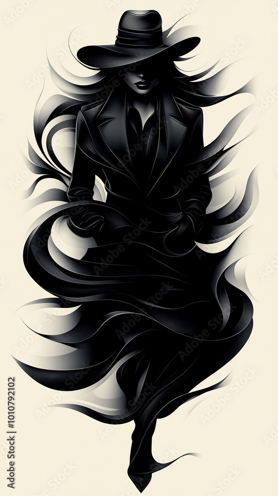 Φωτογραφία A woman in a black dress and hat is walking in the wind