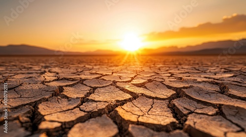 A stunning sunset over cracked earth, symbolizing drought and environmental challenges in a picturesque landscape