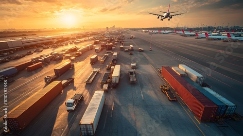 Aerial view of airport cargo area with trucks and aircraft during sunset. Logistics and transportation concept.